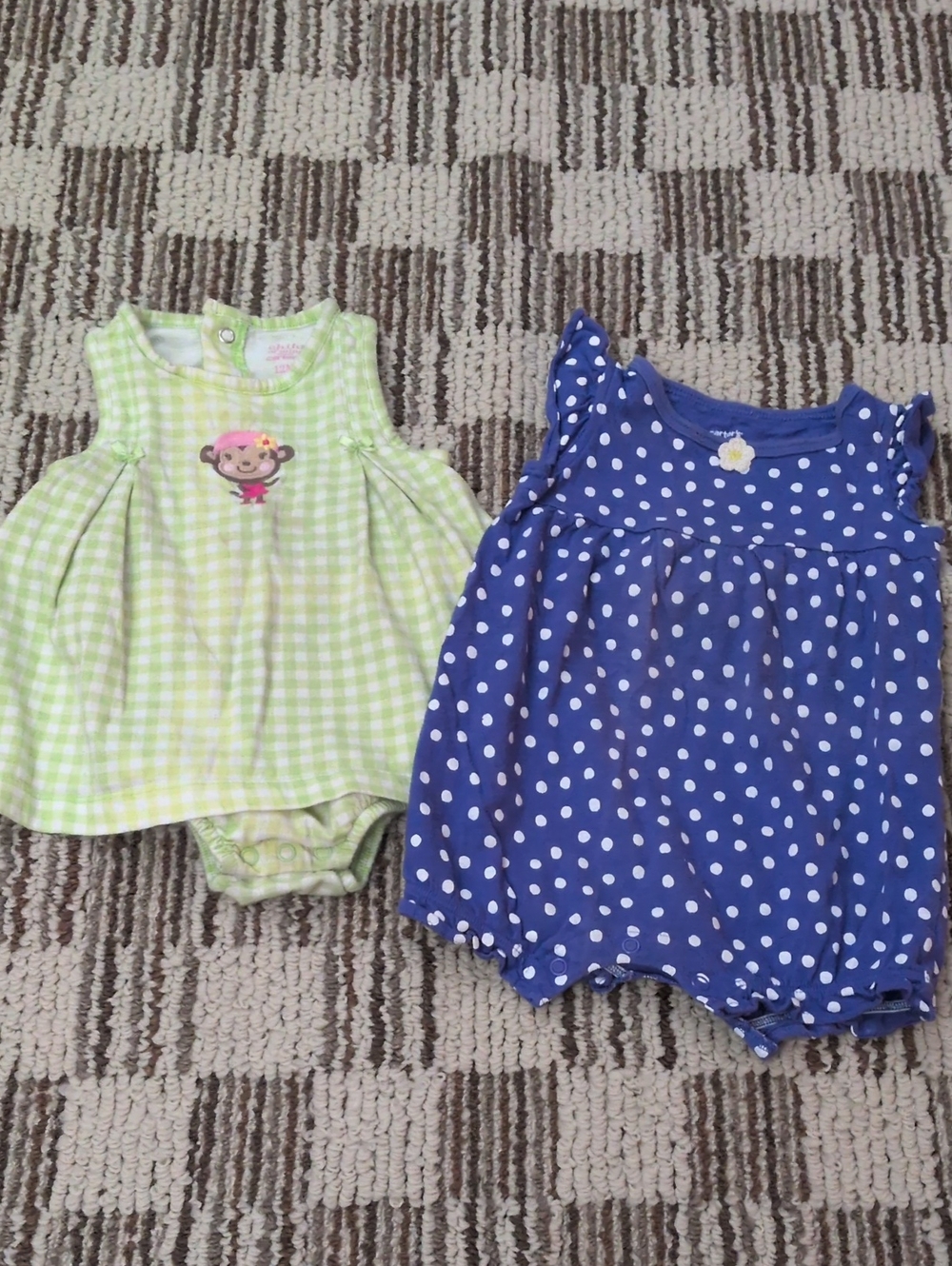 Carter's Purple Polka Dot Baby Romper & Green Checked Monkey Bodysuit.